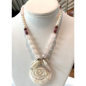 Vintage Rose Quartz Carved Mother of Pearl Tourmaline 18'' Necklace 14/20 GF 44g